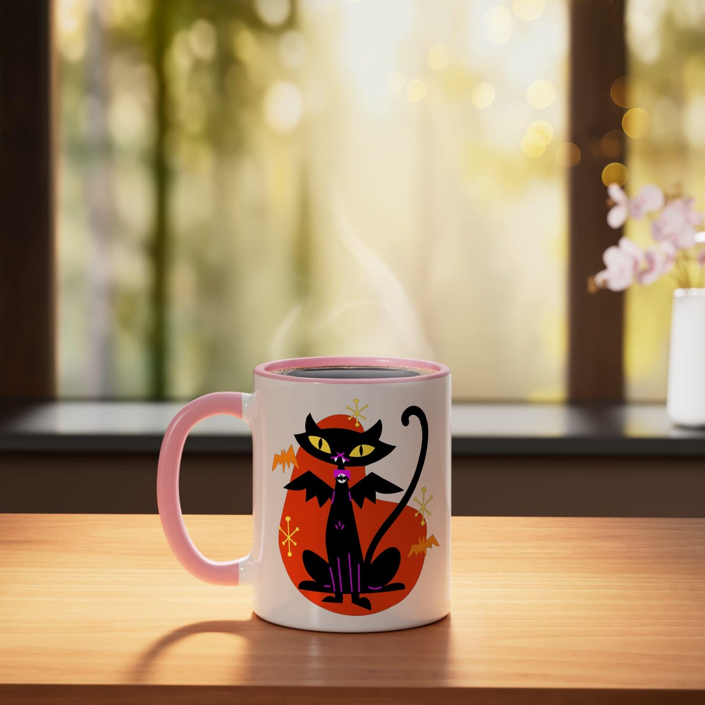 Vampire Black Cat w/Bat Wings Atomic Age Mid Century Retro Ceramic Mug, Pink/White