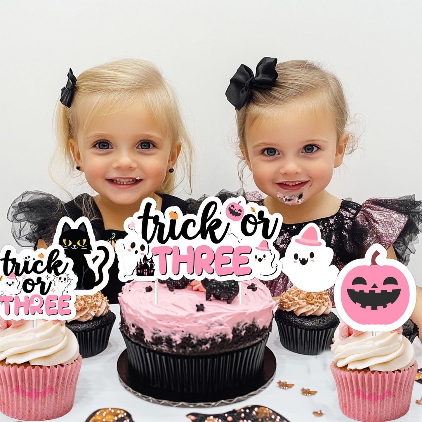 Trick or Three Cake Cupcake Toppers Pink Halloween 3rd Birthday Party Decorations Boo Ghost Pumpkin Bats Cake Decor Double-Sided Printing for Girls Third Booday Party Decor Supplies
