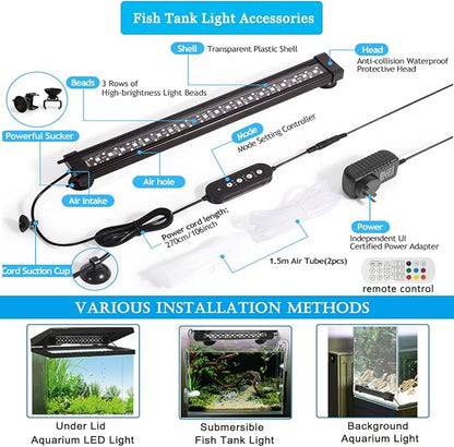 Submersible Aquarium Light for Fish Tank,24/7 Mode Full Spectrum LED Fish Tank Light with Air Bubble Hole RGB Color Changing Brightness Timer Adjustable,27.5inch 18W Fish Light