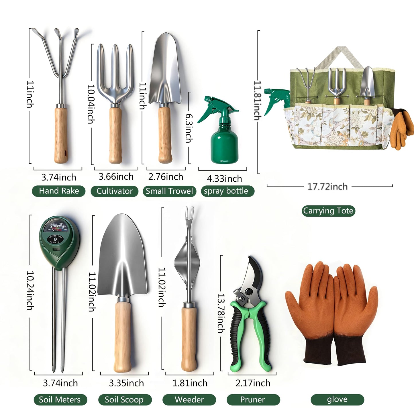 Garden Tool Set,10 Pcs Heavy Duty Gardening Hand Tools Set with Soil Moisture Meter and Storage Tote Bag,Rust-Proof Garden Supplies Kit for Planting,Ideal Gardening Gifts for Women