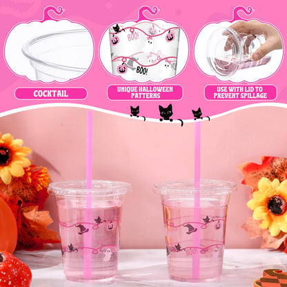 LemonRoad 50 Pcs 12oz Halloween Plastic Cups with Straws and Lids, Disposable Clear Party Cups Pumpkin Ghost Witch Drinking Set for Halloween Birthday Party Favors Supplies (Pink,Novel Style)