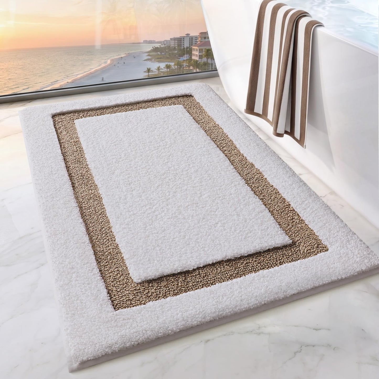 LUMI White Bathroom Rugs, Soft Absorbent Microfiber Bath Mat, Non Slip Washable Bath Rug, Quick Dry Plush Bath Mats for Bathroom for Shower, Bathtub, Floor, White and Beige, 24x36