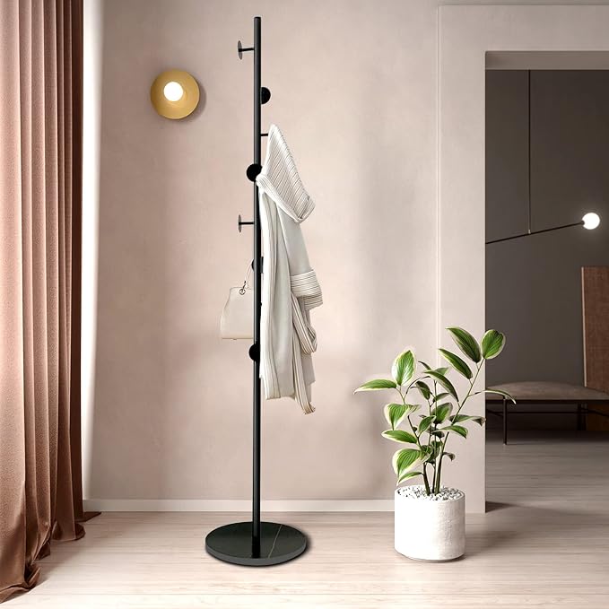 Coat Tree Freestanding, Metal Coat Rack Tree with 8 Hooks, Free Standing Hanger for Hats Scarves Purses Umbrellas, Coat Stands with Stable Base for Entryway Bedroom, Black