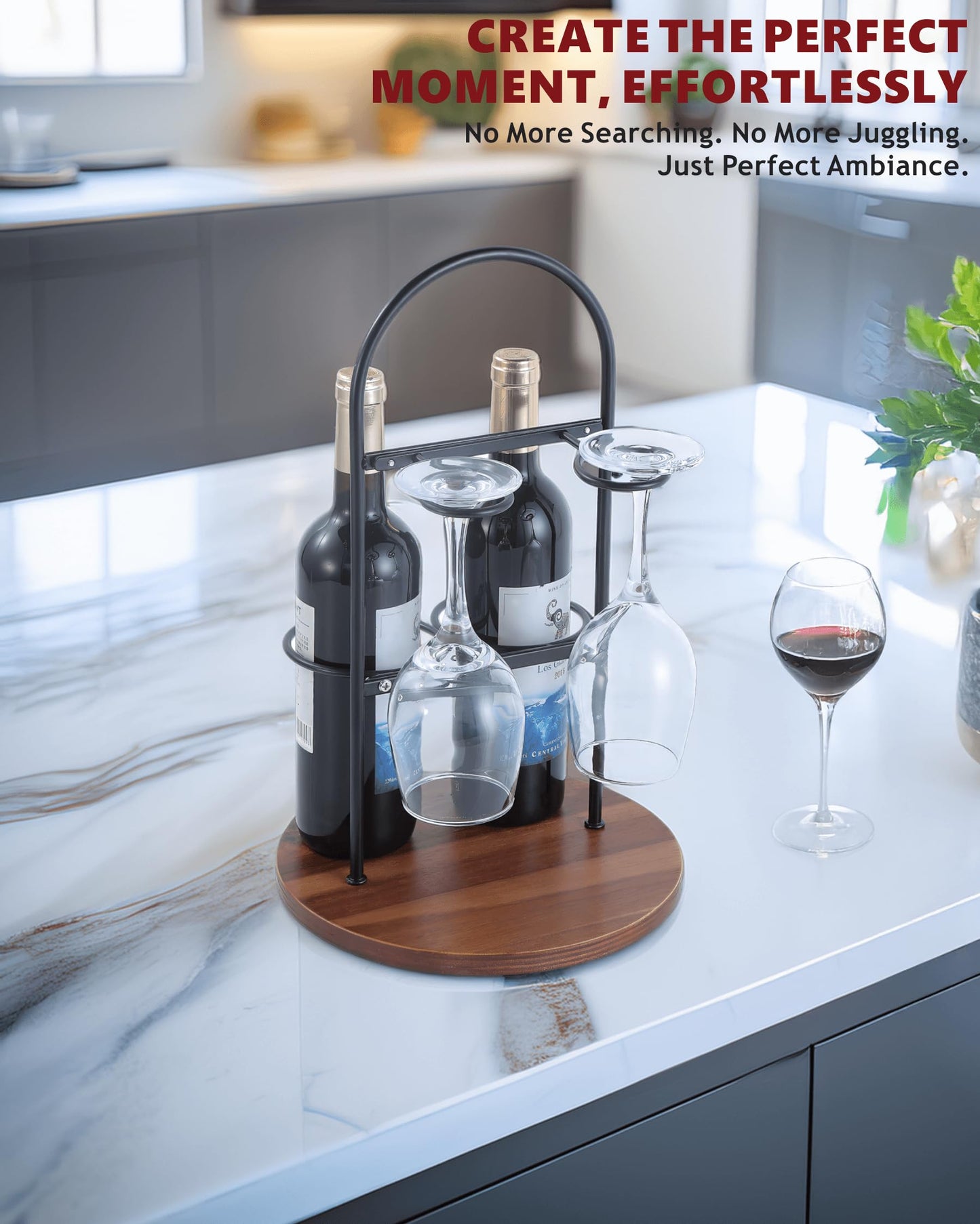 Wine Bottle and Glass Holder for Countertop | Small Wine Rack for 2 Bottles & 2 Glasses | Modern Tabletop Wine Storage with Round Wood Base | Freestanding Wine Stand & Caddy for Home Bar (Black)