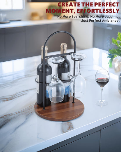 Wine Bottle and Glass Holder for Countertop | Small Wine Rack for 2 Bottles & 2 Glasses | Modern Tabletop Wine Storage with Round Wood Base | Freestanding Wine Stand & Caddy for Home Bar (Black)