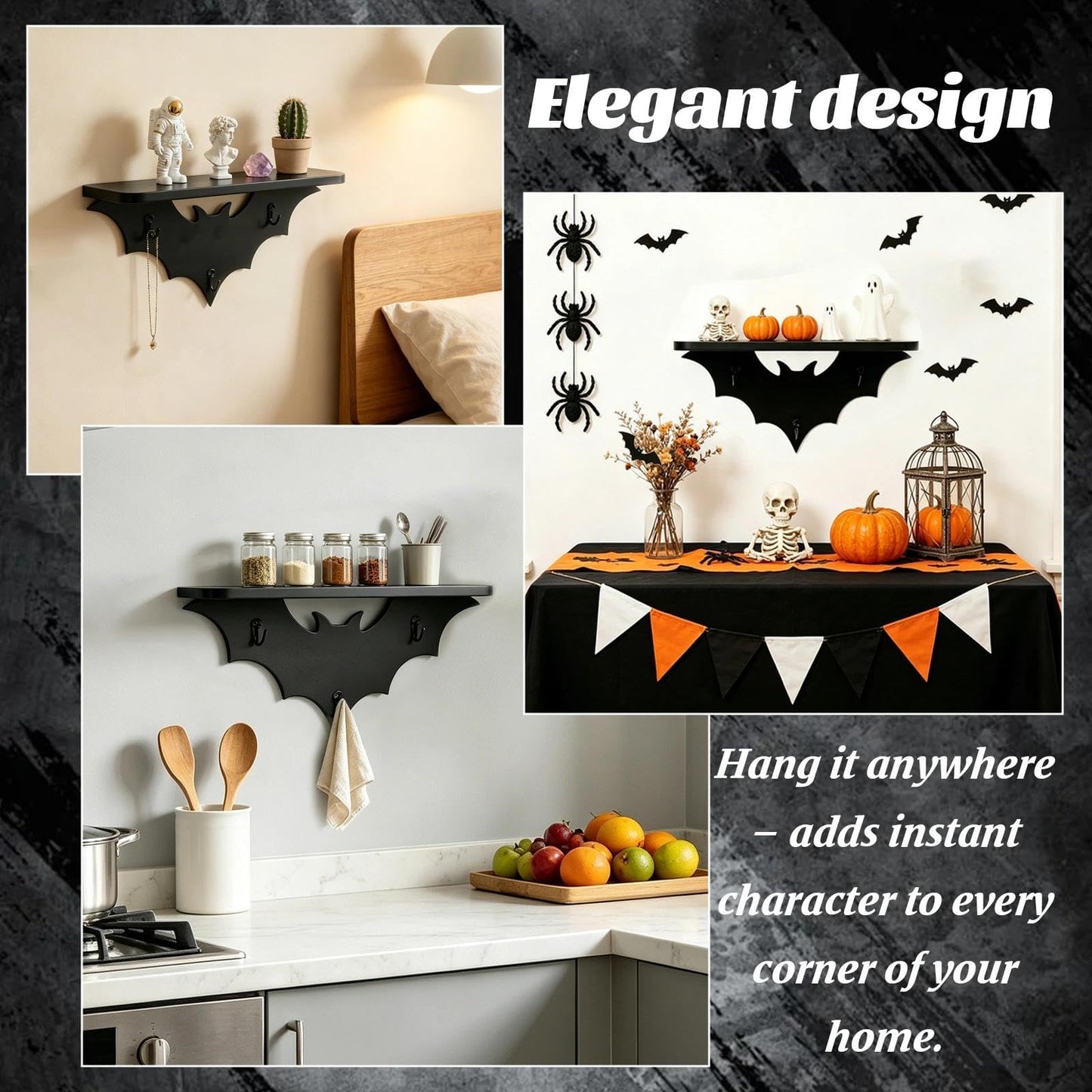 Zoonlinpp Bat Shelf Floating Shelves for Wall Halloween Gothic Room Decor for Bedroom Kitchen Livingroom Wall Shelf with 3 Key Hooks