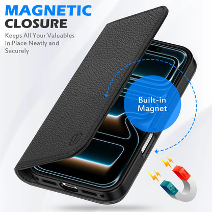 SHIELDON Real Leather Case Wallet for iPhone 17 Pro Max 6.9-inch | Foldable, Kickstand, RFID Blocking Credit Card Slot, Magnetic Closure, TPU Protective Inner Cover 5G 2025 - Pebbled Black