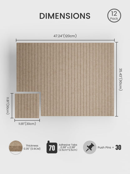 Bumusty Large Cork Board Alternative-48 x 36" Felt Bulletin Board Tiles, with 30 Pushpins, 70 Adhesive Tabs, Fine-Stripe 12-Pack, Cork Boards for Office Push Pin Board Felt Board-Taupe