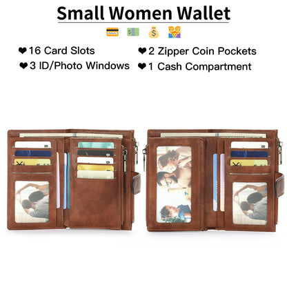 GOIACII Womens Wallets RFID Blocking Leather Trifold Clutch Wallet Credit Card Holder Ladies Purse 3 ID Windows Brown