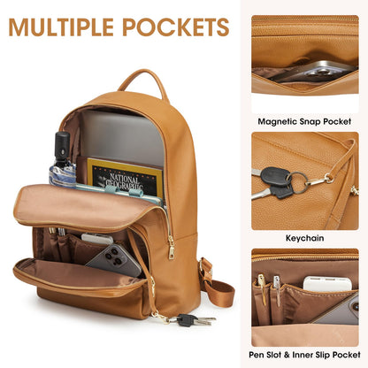 Kattee Leather Backpacks for Women,Fashion Multi-fuction Bag with Card Zipper Bag Attached at the Back for Travel Work Shopping and School, Brown