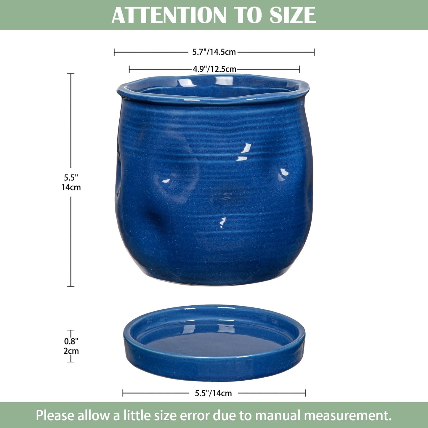 Oairse 5.7 inch Ceramic Pots for Plants, Plant Pot with Drainage Hole and Saucer Blue Ceramic Indoor Planter with Tray Decorative Flower Pots for Succulent, Cactus, Snake Plant, Herb Indoor Outdoor
