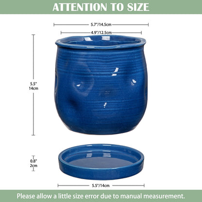 Oairse 5.7 inch Ceramic Pots for Plants, Plant Pot with Drainage Hole and Saucer Blue Ceramic Indoor Planter with Tray Decorative Flower Pots for Succulent, Cactus, Snake Plant, Herb Indoor Outdoor