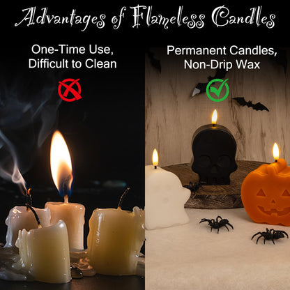 JOIONE Halloween Flameless Candles with Remote, 3D Flickering Flame Real Wax LED Battery Operated Candles, Cute Pumpkin & Ghost & Skull Halloween Candle for Party and Home Decorations, Set of 3