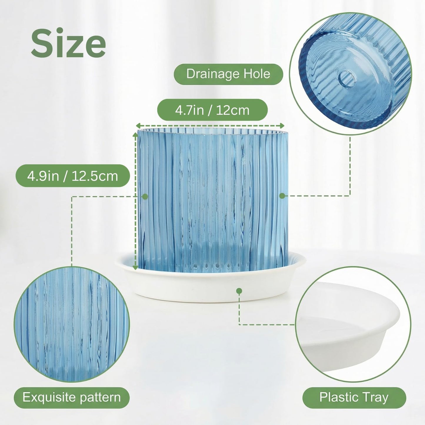 Hestremo Blue Glass Plant Pots Indoor, 5 inch Clear Orchid Pots with Drainage Holes & Trays, Small Glass Planter for Indoor Plants, Herbs, Succulent Flower Planter with Ribbed Texture, Set of 2