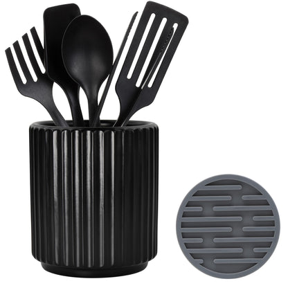 MONOSUGO Black Utensil Holder (H5.51” x W4.92”), Ceramic Utensil Crock, Cooking Spoon Holder for Kitchen, Spatula Holder for Counter, Includes Silicone Drying Mat, Black