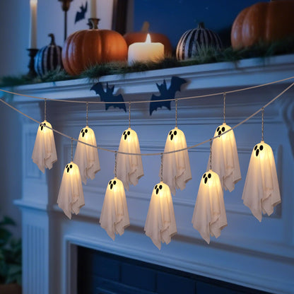 Halloween Ghost Decor, 10 Pcs Spooky Ghosts String Lights Battery Operated, 8 Lighting Mode, Light up Ghost Garland, for Mantle, Fireplace, Window, Porch, Party Indoor Outdoor Decor