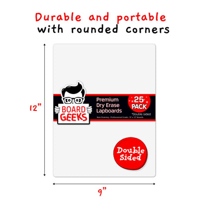 Board Geeks 25 Pack Small White Boards for Students - Double Sided Dry Erase Boards 9 x 12 in - Mini Whiteboard Set for Classroom or Home Use - Portable White Board Bulk for Kids and Teachers