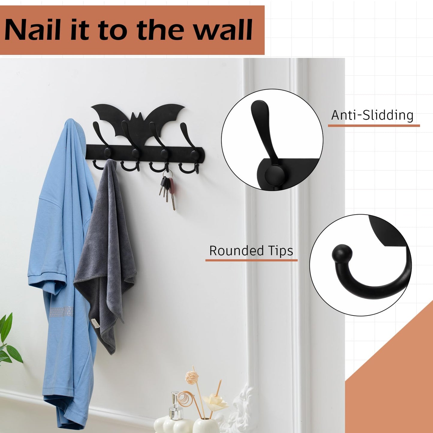 Shimeyao Coat Rack Wall Mount Halloween Christmas Gothic Home Decor Goth Key Hook Heavy Duty 5 Tri Coat Hooks Spooky Black Metal Key Holder for Entryway Hat Jacket Bag Towel Hanger Gift(Bat)