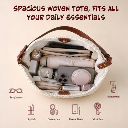 OKoriensuntek Crochet Bag Woven Tote for Women, Cotton Rope Straw Beach Bag with Adjustable Leather Shoulder Strap, Magnetic Snap Summer Bag for Everyday & Travel