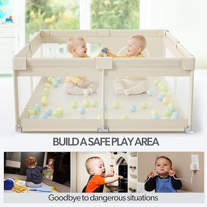 Fodoss Baby Playpen, 59×69in Beige Playpen for Babies and Toddlers, Play Pen for Apartment, Kids Activity Fence, Baby Playard with All-Side Mesh, Pull Rings