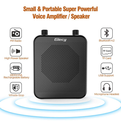 Giecy Portable Voice Amplifier, 30W 2800mAh Bluetooth Rechargeable Personal Voice Amplifier with Microphone Headset, Pa Systems Speaker for Multiple Locations Classroom, Meetings and Outdoors