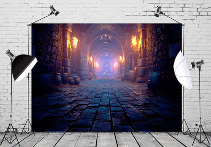 BELECO 7x5ft Fabric Scary Medieval Catacombs Photography Backdrop Endless Dungeon with Torches Ancient Castle Dragon Cave Mysterious Nightmare Halloween Background Horror Party Supplies Photo Props