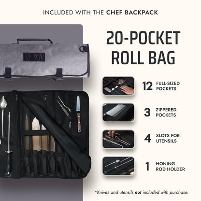 Asaya Chef Knife Backpack with 20-Pocket Knife Roll Bag - Over 30 Storage Pockets Chef Bag, Professional Backpack for Chefs and Culinary Students – Knives Not Included (Grey)
