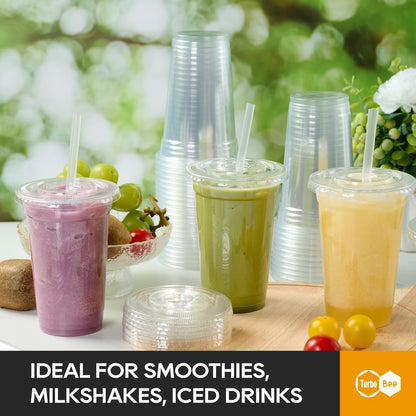 Turbo Bee 200 Sets 16 OZ Clear Plastic Cups with Lids and Straws, Disposable To Go Iced coffee cups with lids for Cold Drinks, Smoothie, and Slushie