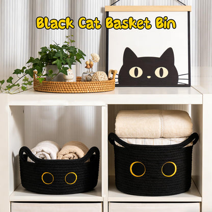 Hkojewp Cute Cat Toy Basket, Large Cotton Rope Toy Bin Box for Cats Bin, Oval Baby 0rganize Blanket Shower Hamper with Handles, Decorative Storage Cat Bin, Halloween Decor,13"D x 8"H in