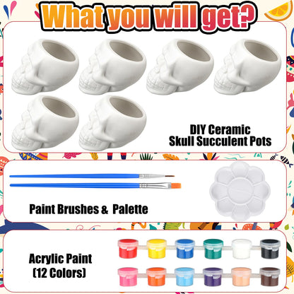 Beeveer 6 Sets Mexican Sugar Skull Crafts for Adults Skulls to Paint Skeleton Planter Paintable Ceramics Classroom Paintable Plant Pots to Paint for DIY Project Activity Decor