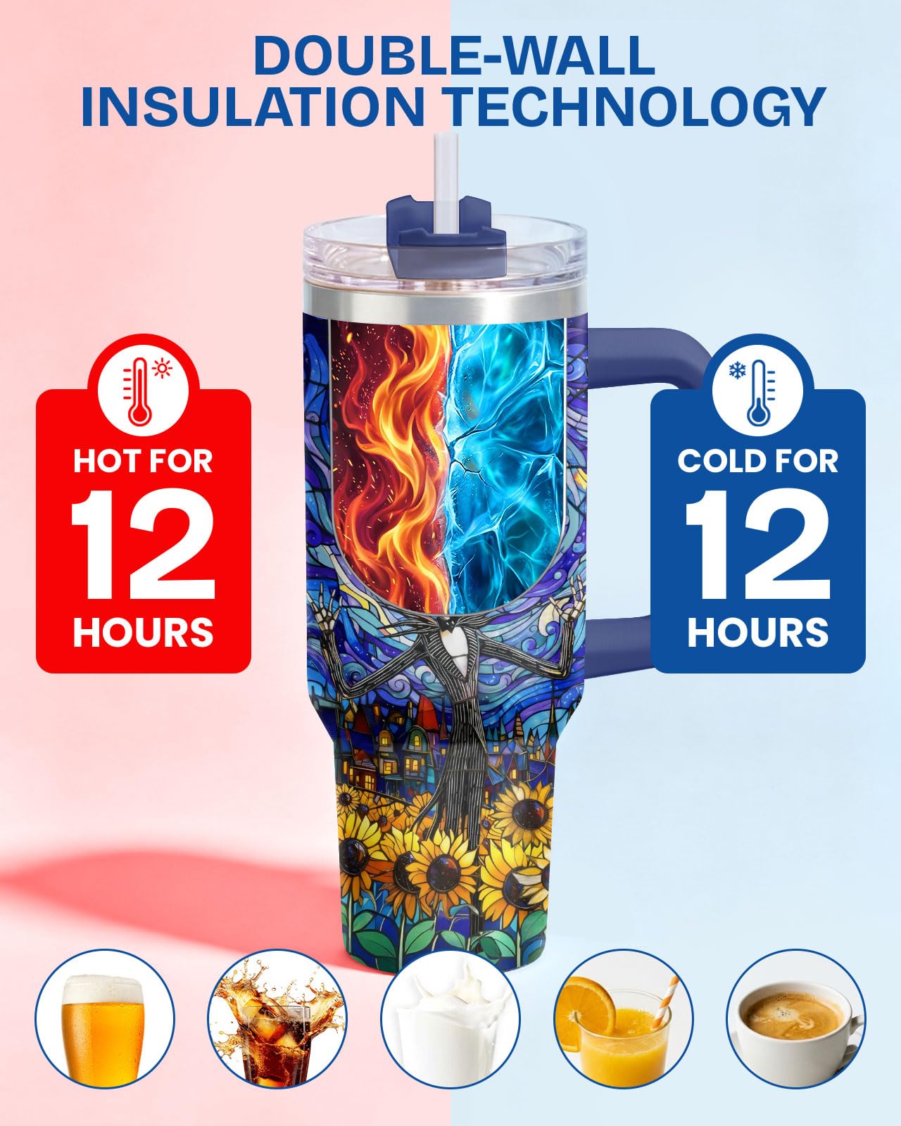 34HD Nightmare Skeleton Tumbler Starry Night Sunflower 40oz Tumbler Insulated Stainless Steel Gothic Art Coffee Cup Gifts for Movie Fans