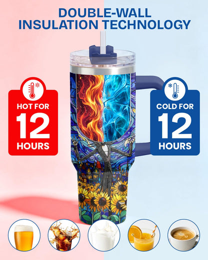 34HD Nightmare Skeleton Tumbler Starry Night Sunflower 40oz Tumbler Insulated Stainless Steel Gothic Art Coffee Cup Gifts for Movie Fans