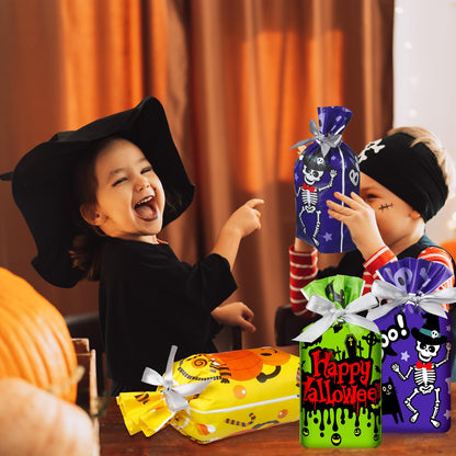 Aliceset 50 Pcs Small Halloween Drawstring Treat Goodie Bags - Plastic Spider Ghost Skeleton Gift Bags for Halloween Birthday Party Favors
