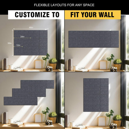TSJOFFICE Large Cork Board for Wall - 48" x 36" Bulletin Board with 50 Pushpins for Office Decor, Pin Board 12 Pack Felt Wall Tiles with Safe Removable Adhesive Tabs, Corkboard for Home Office - Grey