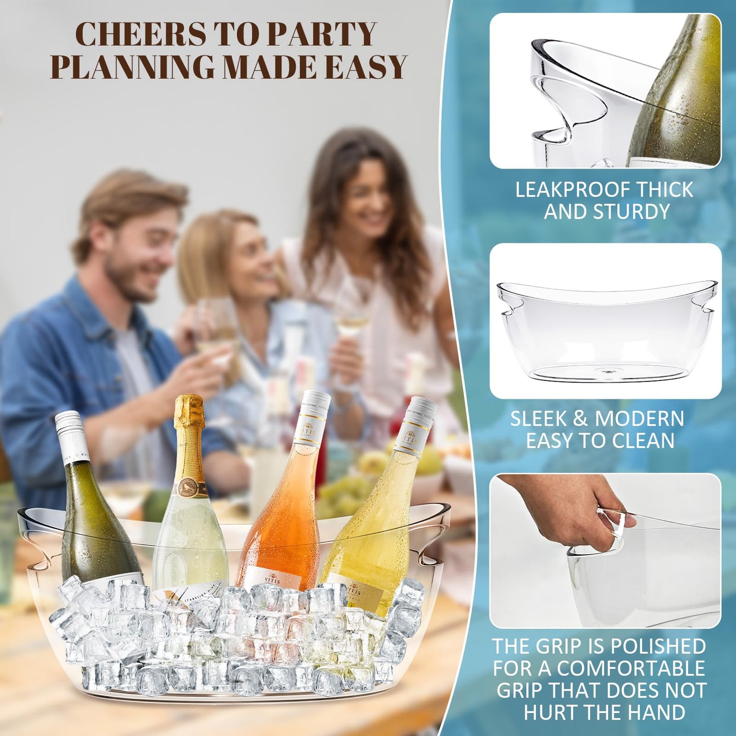 2 Pack Acrylic Tub Ice Buckets for Parties Portable Beverage Tub with Handles Champagne Bucket Metal Ice Buckets for Cocktail Bar with Ice Scoop (Clear)