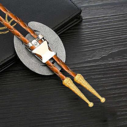 HLYMPONY Bolo tie for Men Western Cowboy Brown Leather Necktie Gold Initial Letter ABCDJMR to Z Bolo ties for Women (V)