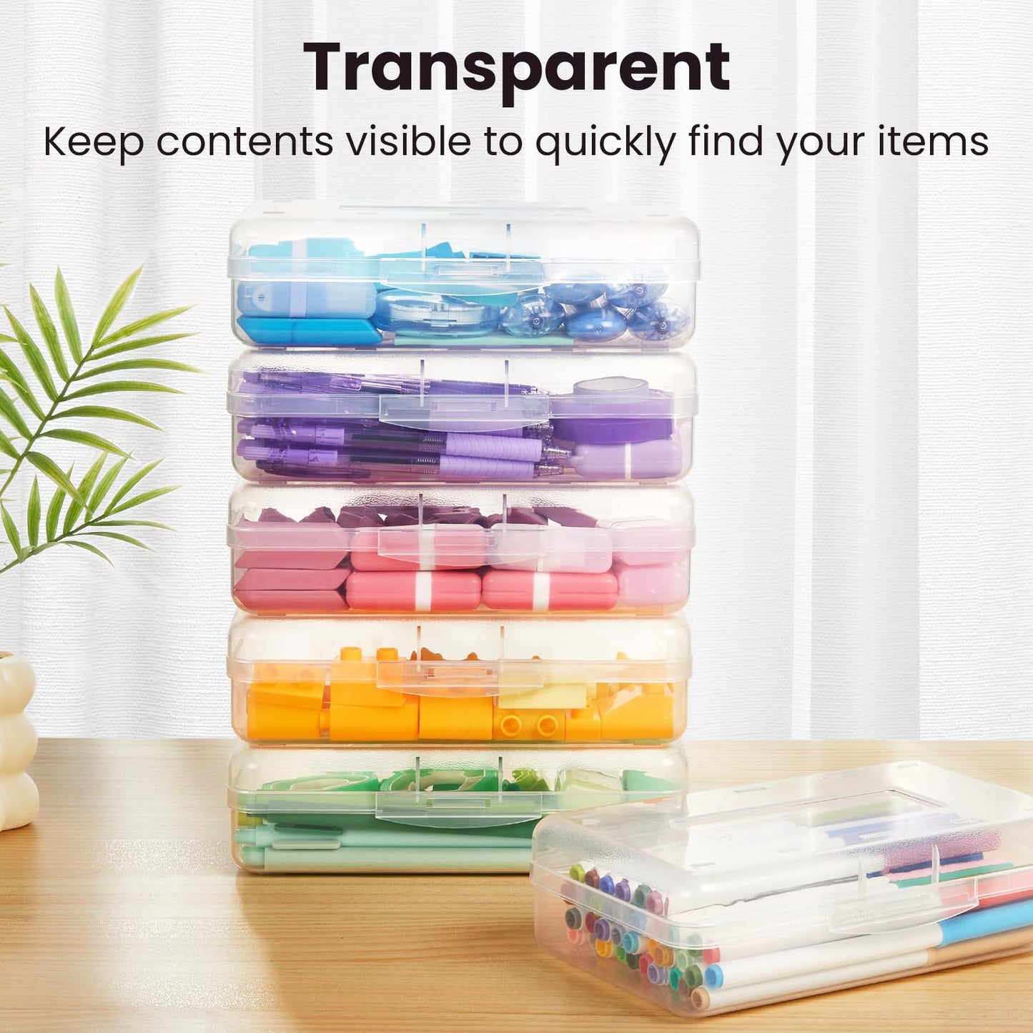 Sooez 6 Pack Pencil Box, Hard Pencil Boxes for School Supplies Bulk, Large Plastic Pencil Case with Lid, Clear Pencil Container, Stackable School Crayon Boxes Bulk for Kids