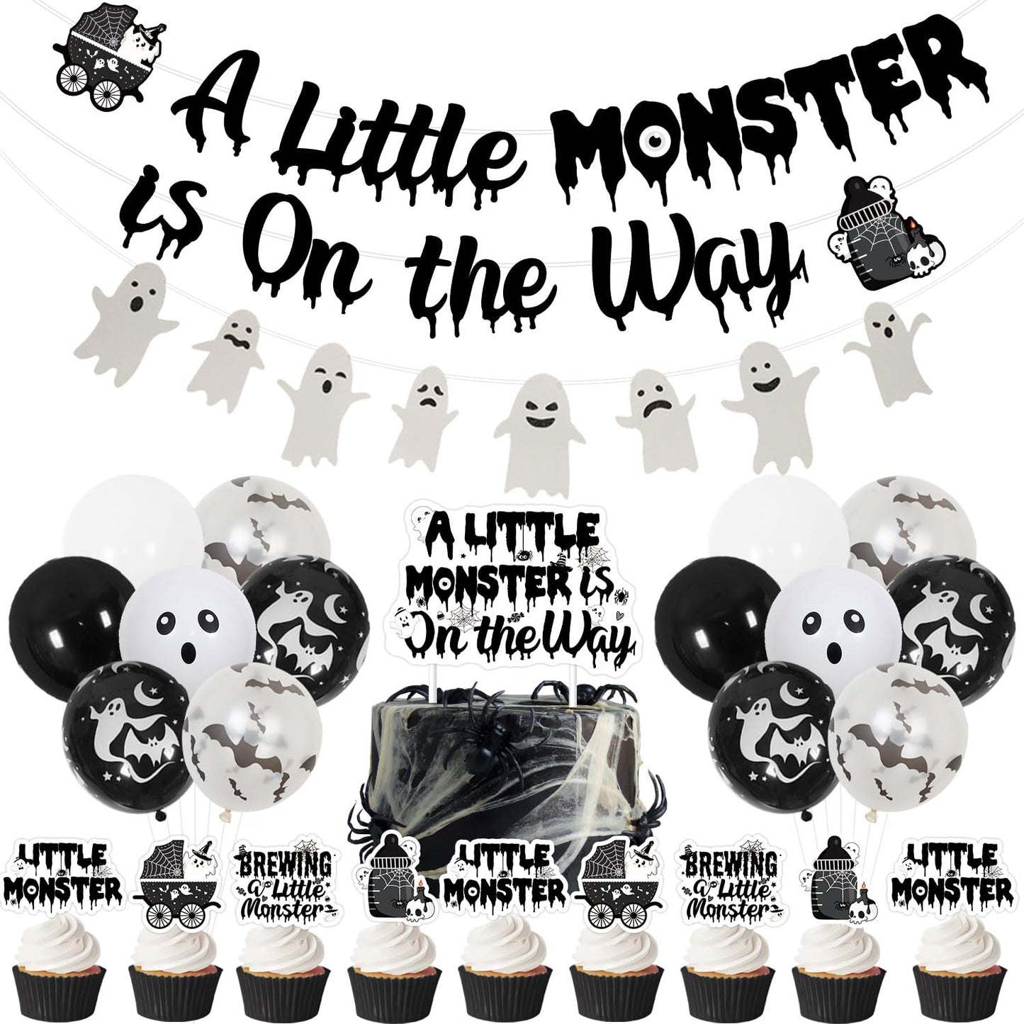 Halloween Gothic Baby Shower Decorations, A Little Monster is on the Way Banner Garland Ghost Bat Little Monster Cake and Cupcake Toppers Balloons Kit for Halloween a Baby Is Brewing Party Supplies