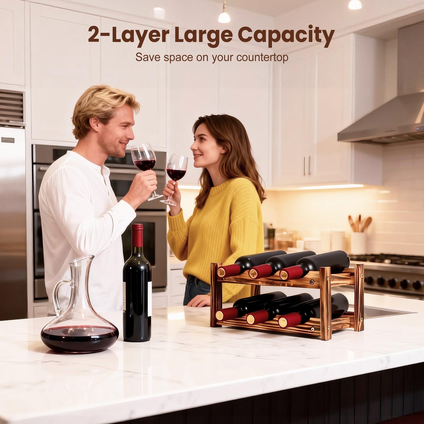 6-Bottle Wooden Wine Rack – 2-Tier Tabletop Countertop Space-Saving Wine Holder with Screwdriver Included, Easy Assembly Wine Storage Shelf for Kitchen, Bar, Pantry & Home Decor