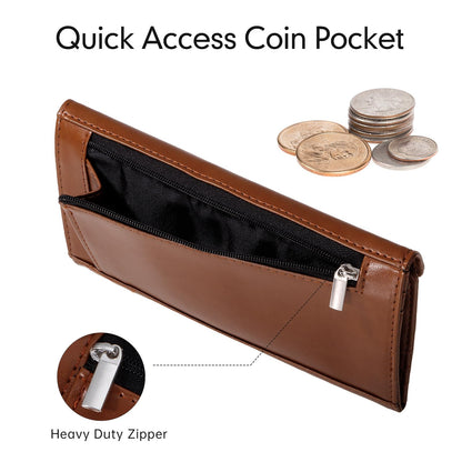 HAWEE Leather Cash Envelope Wallet, RFID Blocking Card Organizer for Women, Reusable Coin Pouch, Coffee Brown