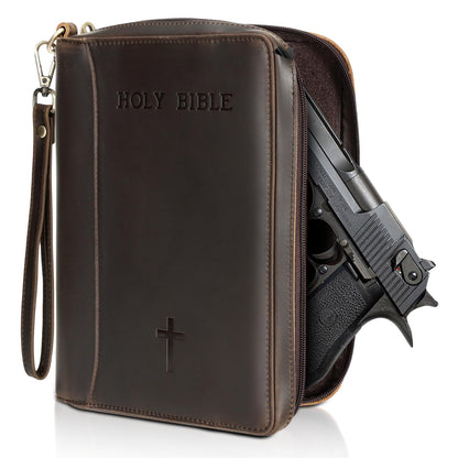 Polare Full Grain Leather Holy Bible Soft Carry Handgun Pouch CCW Bag Padded Pistol Wallet Tactical Case with Lockable Zipper and Wristlet Strap