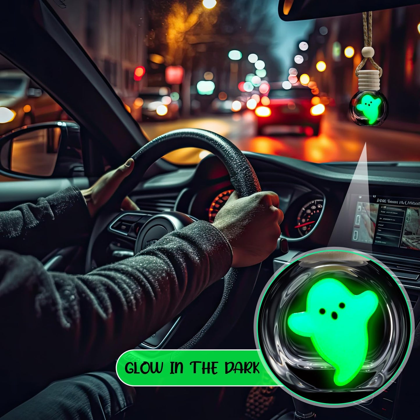 Sunnychicc 10 Pcs 10ml Ghost Car Hanging Air Freshener Diffuser Perfume Bottles with Glow in The Dark Skull Ghost Bat Pumpkin Spice Refillable Empty Glass Essential Oil Pendant for Car (Halloween)