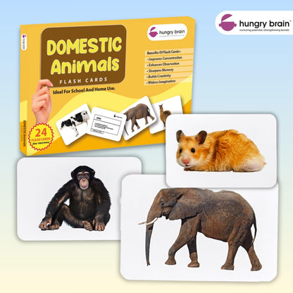 Hungry Brain Domestic Animals Flash Cards for Toddlers Ages 1-6 | Montessori Educational Learning Cards for Babies & Kids | Farm Animal Vocabulary, Preschool Learning & Homeschool