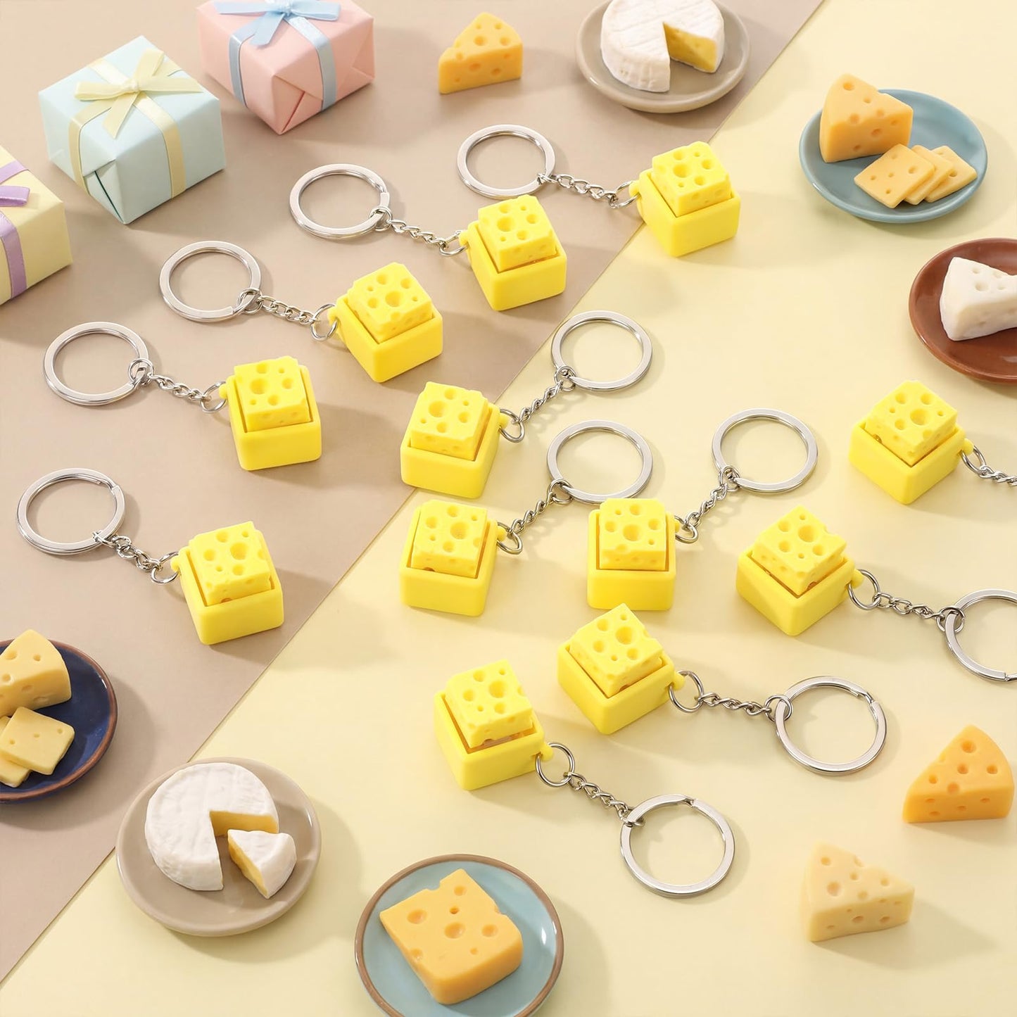 Kenning 12 Pcs Cheese Clicker Fidget Toys Keychain Bulk 3D Printed Clicker Fidget Toys Keyboard Stress Relief Keychain Gifts for Kids Student Employee Coworkers Graduation Party Favors End of Year