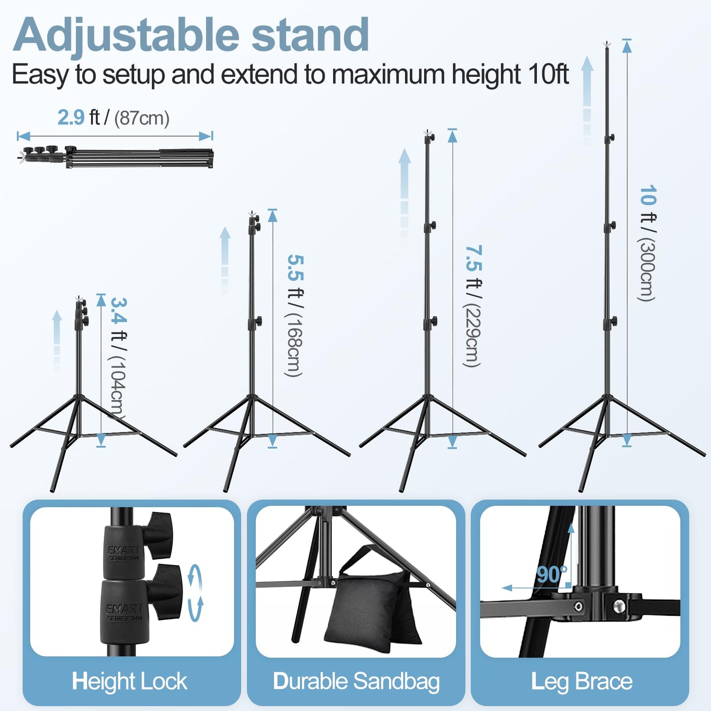 EMART 10x10FT Backdrop Stand, Photo Studio Back Drop Adjustable Stand with 6 Backdrop Clamps,2 Sandbags and Carry Bag,Heavy Duty Background Support System Kit for Photography,Parties,Wedding,Video