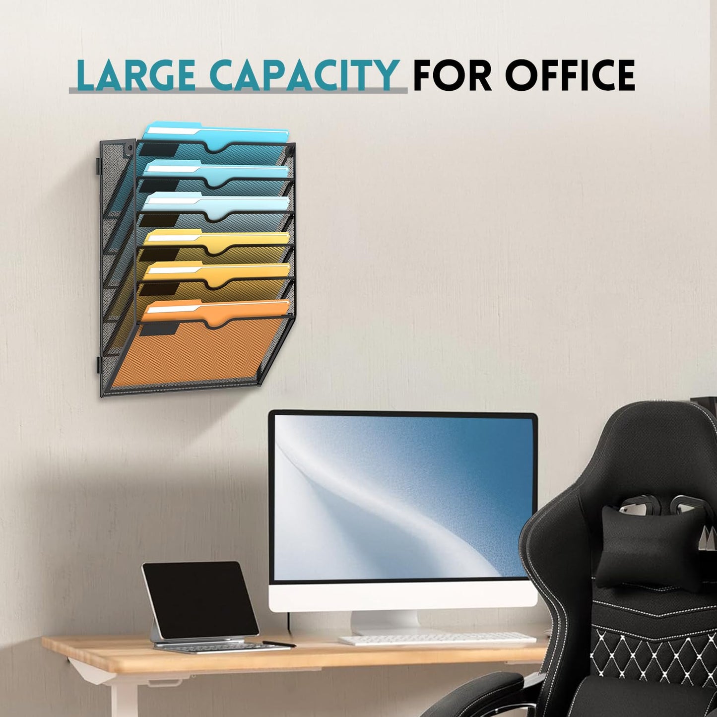 SUPEASY 6 Tier Wall File Organizer, Hanging Wall Mounted Mail Organizer with Label Slots, Metal Mesh File Holder Magazine Rack for Office, Home, School or Classroom, Black