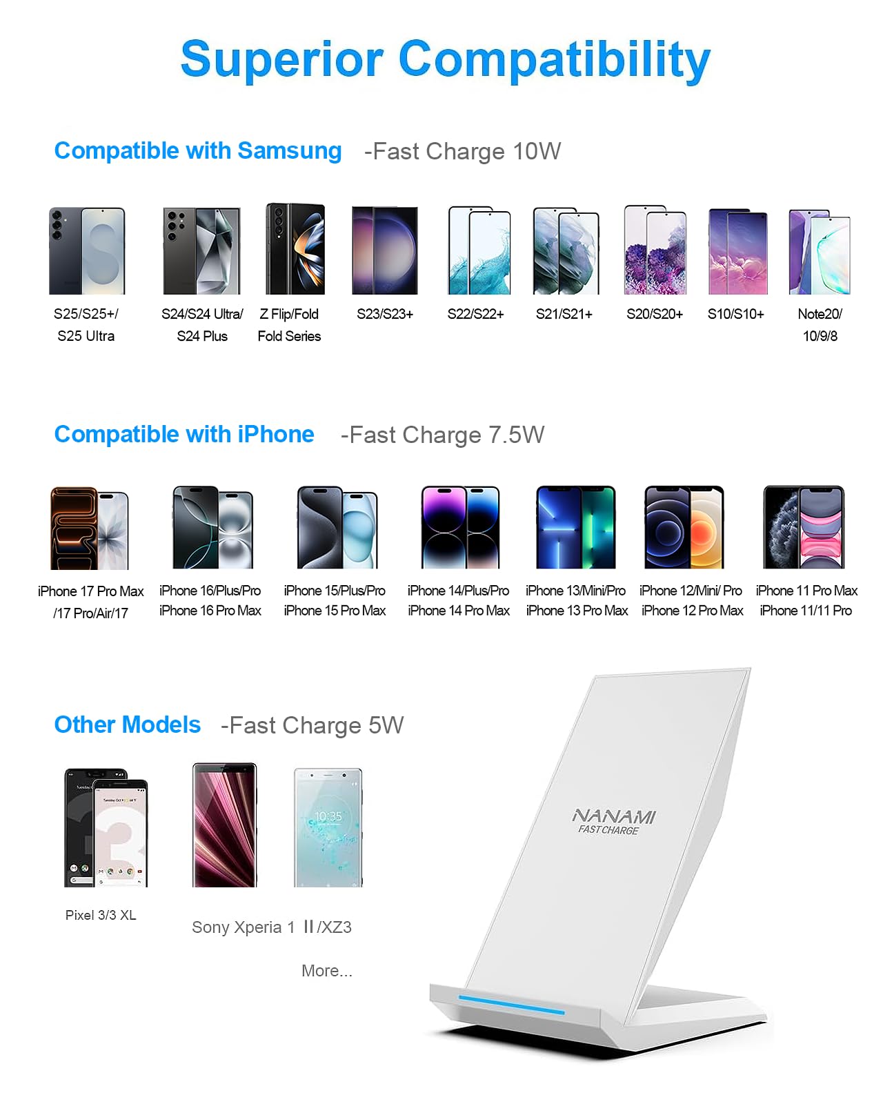 Fast Wireless Charger, NANAMI 15W Qi Certified Wireless Charging Stand Compatible iPhone 17/17 Air/16/15/15 Pro/15 Plus/15 Pro Max/14/13/12, for Samsung Galaxy S25/S24/S23/S22/S21 and Qi-Enabled Phone