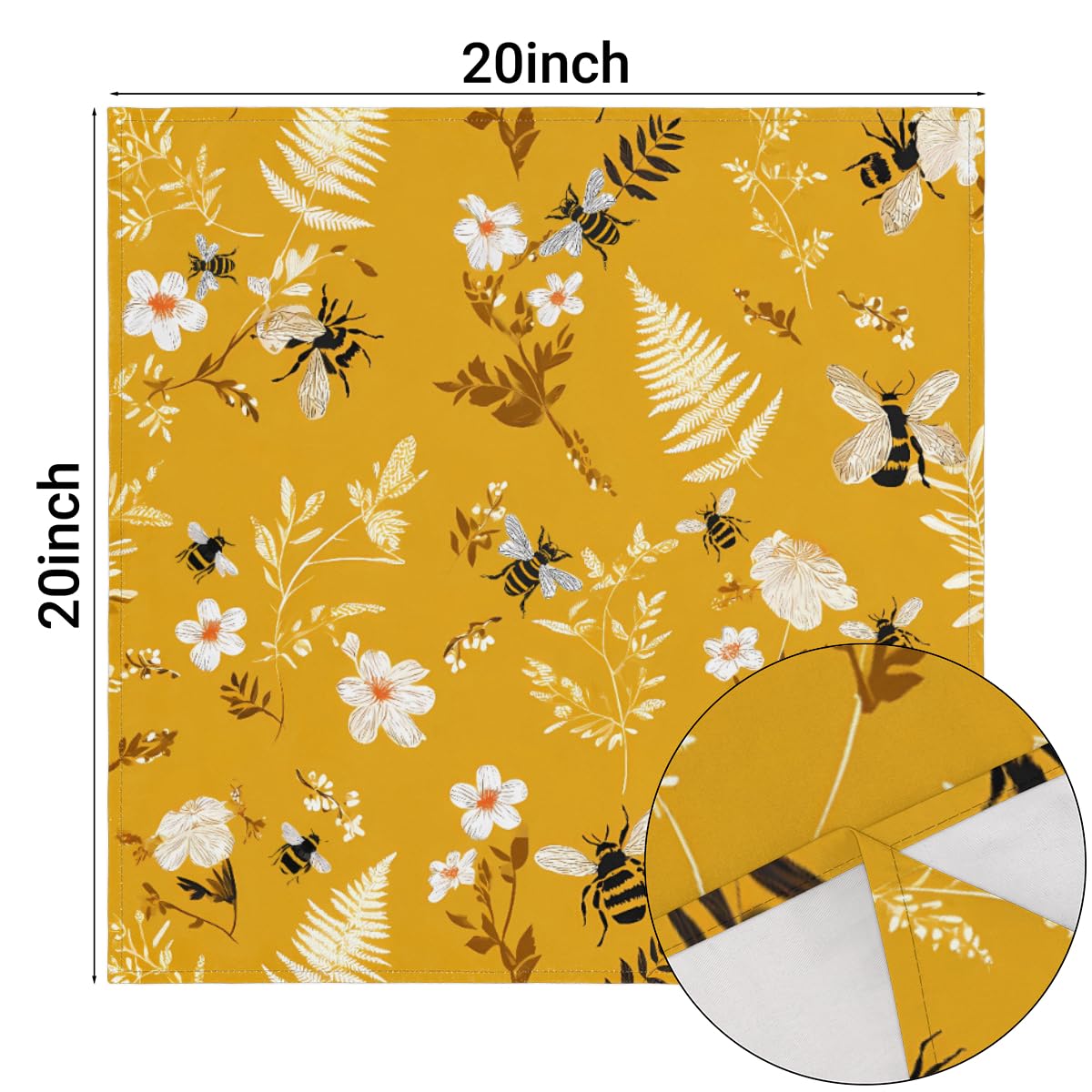 AUUXVA Table Napkin Cloth Set of 6 Bee Flower Floral Pattern Cloth Napkins 20x20in Washable Wrinkle Free Dinner Napkin for Wedding Parties Restaurant Decor Everyday Use