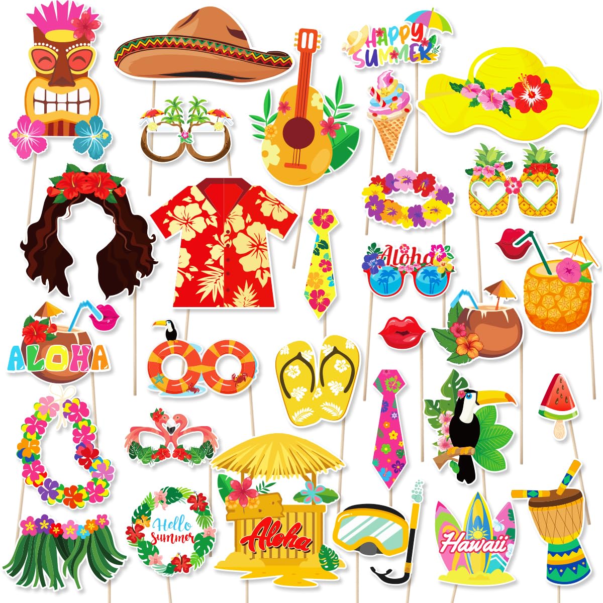 Photo Booth Backdrop and 30Pcs Props, 5x3 ft Aloha Themed Backdrop for Luau Party Decorations, Non-Reflective Surfboard & Tropical Leaf Backdrop for Pool Party, Beach Birthday Backdrop