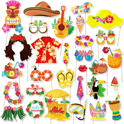 Photo Booth Backdrop and 30Pcs Props, 5x3 ft Aloha Themed Backdrop for Luau Party Decorations, Non-Reflective Surfboard & Tropical Leaf Backdrop for Pool Party, Beach Birthday Backdrop